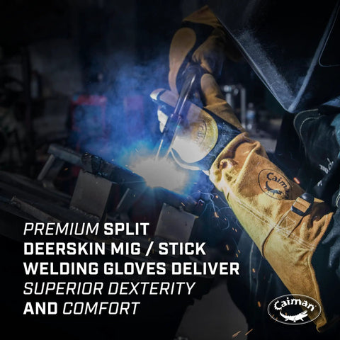 Welder using Split Deerskin Welding Gloves for MIG and Stick, 21 Inch Length demonstrating protection and flexibility.