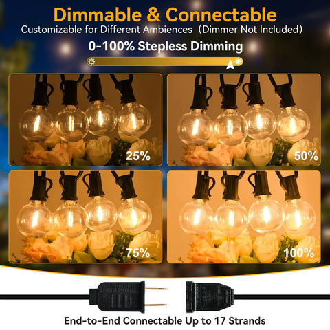 Dimmable and connectable 100ft Outdoor String Lights Two Pack 50ft Each Waterproof with 52 LED Shatterproof Bulbs Globe G40 UL listed