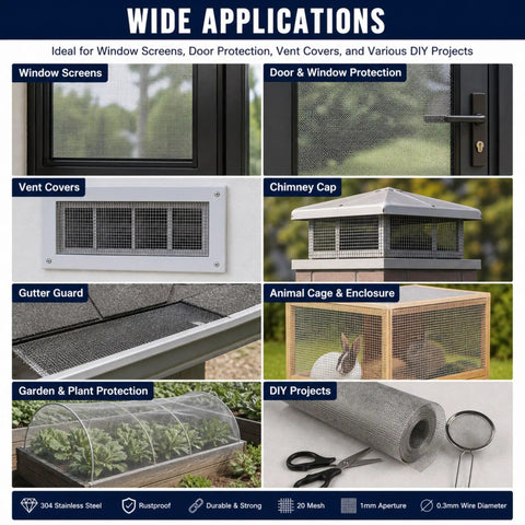 Stainless Steel 304 Wire Mesh Screen Roll Fifteen Point Five Inches by Ten Feet Built To Last Heavy Duty Durable Rust Resistant shown in multiple applications.