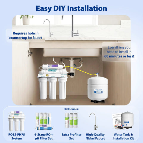 APEC ROES-PH75 6-Stage RO system under kitchen sink with white filter housings, storage tank, and faucet.