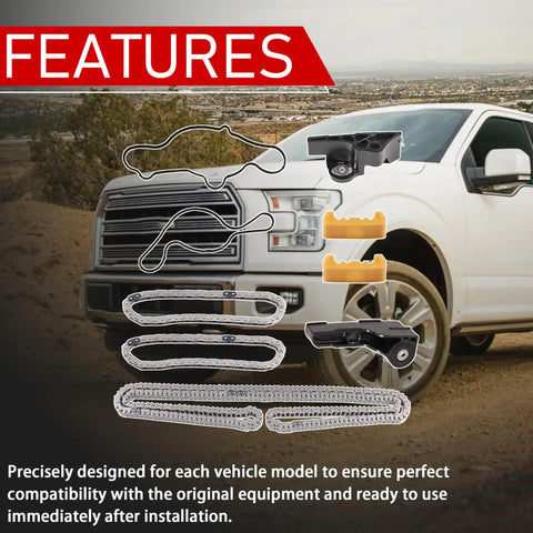 Timing Chain Kit With Water Pump And Camshaft Holding Tool And Timing Alignment Holder Kit For Ford 3.5L V6 Rigs 2011 Through 2017 F150 Edge Explorer Taurus Mustang Flex Transit 150 Lincoln MKT Police Interceptor Sedan components displayed against F150 truck.