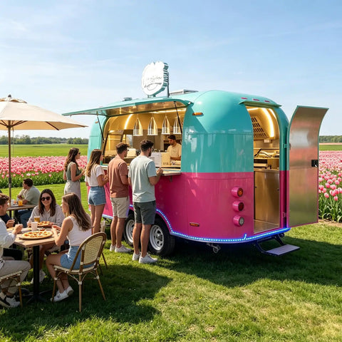 Heavy Duty Commercial Pizza Food Truck, Turnkey Mobile Catering Trailer With Built In Walk In Fridge For Side Hustle And Pop Up Stand in tulip field.