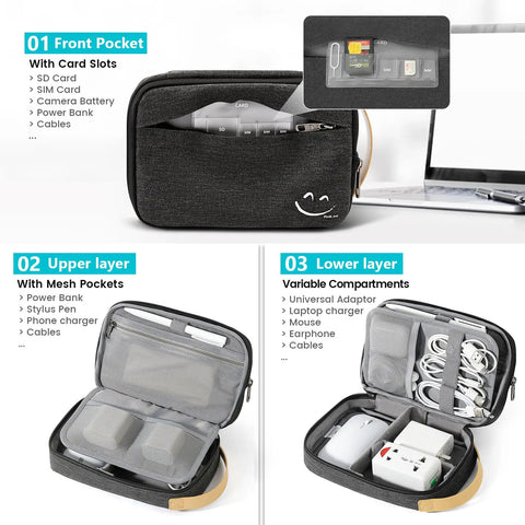 Cord Organizer Case For Cables And Chargers, Travel Tech Organizer Bag with compartments and card slots, black nylon