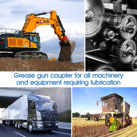 Grease gun coupler collage: heavy machinery including orange excavator, gears, blue truck, and combine harvester.