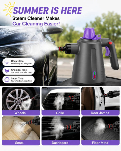 Upgrade Your Cleaning Game With This Handheld Steam Cleaner For Home. Cleaning car wheels and interior with steam.