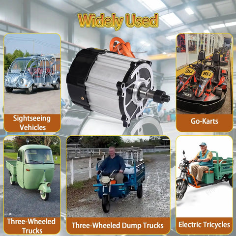 Street-Ready Electric Tricycle Motor Kit With Controller 48V 60V 72V Brushless Differential, 3000RPM 5-Hole 16-Tooth, 550W-2000W, Fits Tricycles And Four-Wheelers, Durable Aluminum Shell, Easy Retrofit For Smooth Rides shown with aluminum motor for go-karts, tricycles, and dump trucks