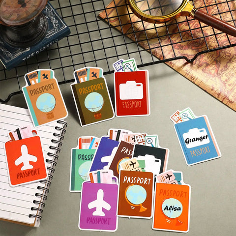 60 Pieces Travel Map Passport Cutouts With Glue Point Stickers World Travel Bulletin Board Decorations displayed on a desk