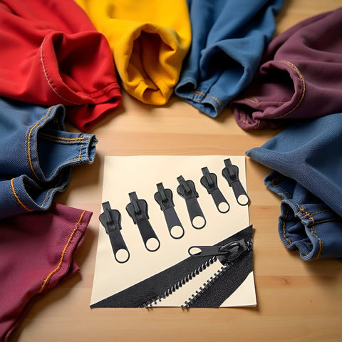 6Pcs Black Universal Instant Fix Zipper Repair Kit With Replacement Zip Sliders displayed on table with fabric background