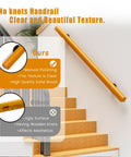 Indoor Stair Wood Handrail Kit 2ft Non Slip Pine Railing mounted on stairs, showing smooth texture and solid finish.