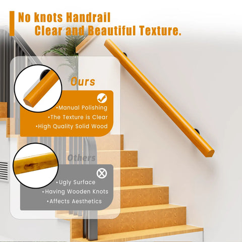 Indoor Stair Wood Handrail Kit 2ft Non Slip Pine Railing mounted on stairs, showing smooth texture and solid finish.