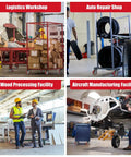 Collage of logistics, auto repair, wood processing, and aircraft manufacturing facilities with workers and equipment.