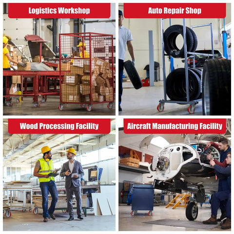 Collage of logistics, auto repair, wood processing, and aircraft manufacturing facilities with workers and equipment.