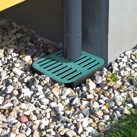 15.75 Inch Square Catch Basin With Grate And Debris Basket No Pre Cut Openings Outdoor Drain Box For Downspout Runoff Lawn Patio And Landscape Drainage Solution installed on gravel surface