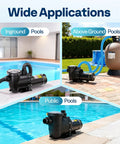 Heavy Duty Workhorse 2.0Hp Pool Pump Cranks Out 6800 Gph With Dual Voltage 115V Or 230V For In And Above Ground Pools featuring various pool applications.