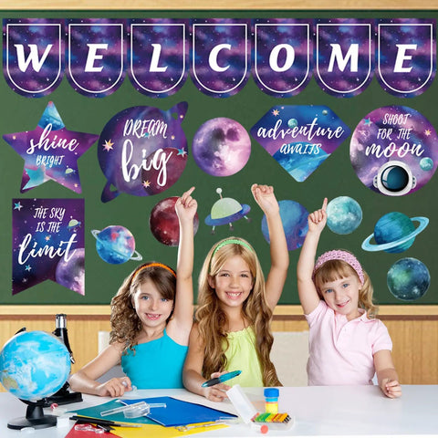 Space Themed Bulletin Board Decorations Set for Classroom Science Decor Includes 7 Welcome Signs with kids