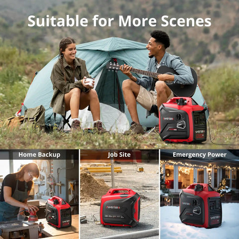 Gas Powered Inverter Generator 2500W Peak, 1900W Running, CO Sensor, depicted in camping, job site, and home use settings