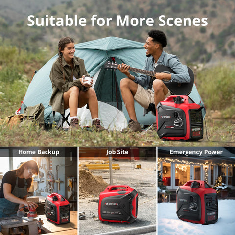 On The Go 2500W Inverter Generator for camping and home, shown in camping, job site, and home backup scenarios, lightweight design