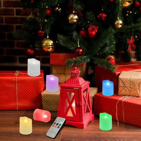 Rechargeable LED Color Changing Tea Lights With Remote USB Charging Flameless Votive Candles 12 Pack for Christmas decor.