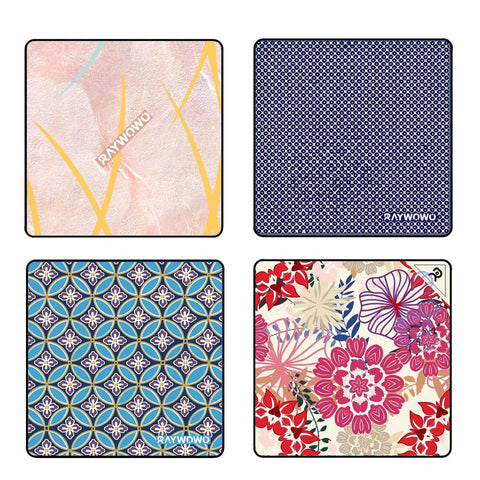 Four variations of self adhering lens wrap for cameras and phones protective gear shield, including a floral pattern, 17.7x17.7 inches.
