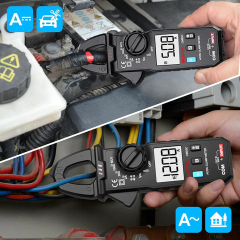 Digital Clamp Meter Multimeter With True RMS Auto Ranging 100A 600V in use measuring AC DC current and voltage in electrical panel.