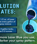 Liquid Harvest Lazer Blue concentrate; blue lawn spray dye, 8 oz bottle, poured into a measuring cup.