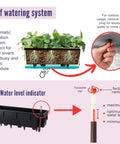 Diagram of a self-watering planter with water level indicator and drainage features for automatic irrigation.