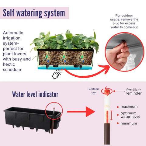 Diagram of a self-watering planter with water level indicator and drainage features for automatic irrigation.