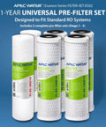 Two Pack High Capacity Pre Filter Set For Essence Series Reverse Osmosis Water Filter System Stages 1 To 3 with sediment and carbon block filters displayed on blue background.