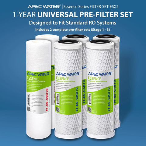Two Pack High Capacity Pre Filter Set For Essence Series Reverse Osmosis Water Filter System Stages 1 To 3 with sediment and carbon block filters displayed on blue background.