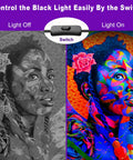 2 Pack 60W LED Black Light Flood Lights With Plug, IP66 Waterproof Neon Glow effect on colorful art versus grayscale.