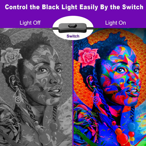 2 Pack 60W LED Black Light Flood Lights With Plug, IP66 Waterproof Neon Glow effect on colorful art versus grayscale.