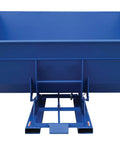 Heavy Duty Steel Self Dumping Hopper Forklift Tote Bucket Attachment Five Cubic Yards Six Thousand Lb Capacity front view showing blue finish and dump mechanism