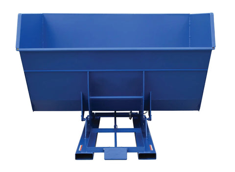 Heavy Duty Steel Self Dumping Hopper Forklift Tote Bucket Attachment Five Cubic Yards Six Thousand Lb Capacity front view showing blue finish and dump mechanism