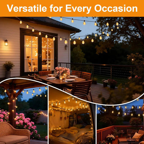 50Ft Outdoor String Lights With Remote Control, Waterproof LED Patio Lights illuminating porch and garden at night