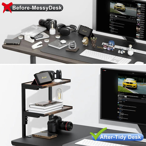 Expandable Under Desk Storage 2 Tier Shelf Clamp On Desk Organizer for Office Study Room and Game Room Wood Construction Space Saver