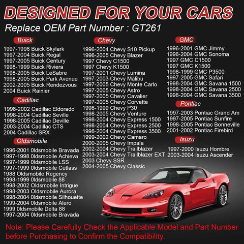 List of compatible car models for Gas Cap Replacement For GM Vehicles That Seals Tight And Prevents Leaks Fits Buick LeSabre Park Avenue Cadillac DeVille Eldorado Camaro Malibu S10 GMC Jimmy Sonoma Oldsmobile Pontiac Bonneville Isuzu Saab Saturn Fuel Tank Cap with a red sports car image