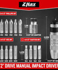 One Half Inch Hand Impact Driver Set For Loosening Stripped Screws And Rusted Bolts Fifteen Piece Reversible CR V Steel Bit Kit