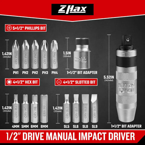 One Half Inch Hand Impact Driver Set For Loosening Stripped Screws And Rusted Bolts Fifteen Piece Reversible CR V Steel Bit Kit