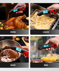 Collage showing Instant Read Meat Thermometer With 0.5 Second Fast Reading, NIST Certified Accuracy 0.5F, IP67 Waterproof in various cooking