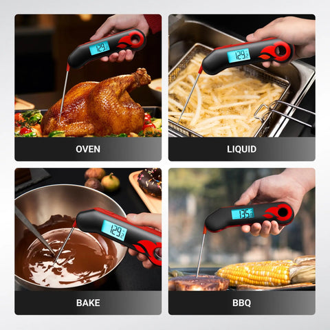 Collage showing Instant Read Meat Thermometer With 0.5 Second Fast Reading, NIST Certified Accuracy 0.5F, IP67 Waterproof in various cooking