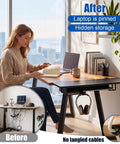 Heavy Duty Under Desk Extender Tray 30 By 12 Inches With Slick Side Storage Rack And Hidden Cable Management A Total Office Rig Game Changer For Your Ultimate Home Setup In Black, featuring a woman using a laptop at a tidy desk.