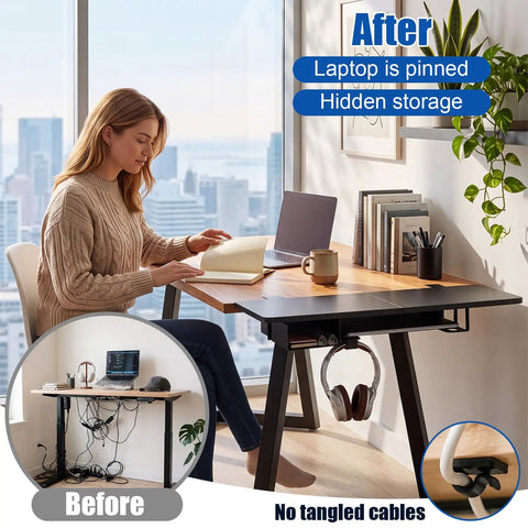 Heavy Duty Under Desk Extender Tray 30 By 12 Inches With Slick Side Storage Rack And Hidden Cable Management A Total Office Rig Game Changer For Your Ultimate Home Setup In Black, featuring a woman using a laptop at a tidy desk.