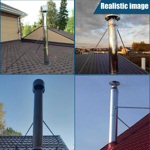Four images of 6 Inch Extended Roof Chimney Bracket Support Kit Fits Stove Pipe Diameters From Six To Thirteen Point Seven Inches Adjustable Stainless Steel Mount For Windy Snowy Weather DIY Friendly Install Weatherproof And Snowstorm Ready mounted on house roofs.