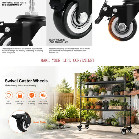 Heavy Duty Pvc Caster Wheels Smooth Rollin Two Inch Thick With 360 Swivel And Locking Brake High Capacity Threaded Stem Mount under a plant cart.