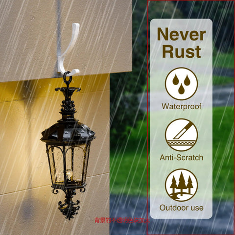 Black outdoor lantern hanging on a wall during rain with icons stating 'Never Rust,' 'Waterproof,' 'Anti-Scratch,' and 'Outdoor Use'