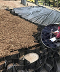 Heavy-Duty Gravel Grid Paving Stabilizer 2m By 8m For Driveways And Gardens shown installed with mulch and anchoring setup