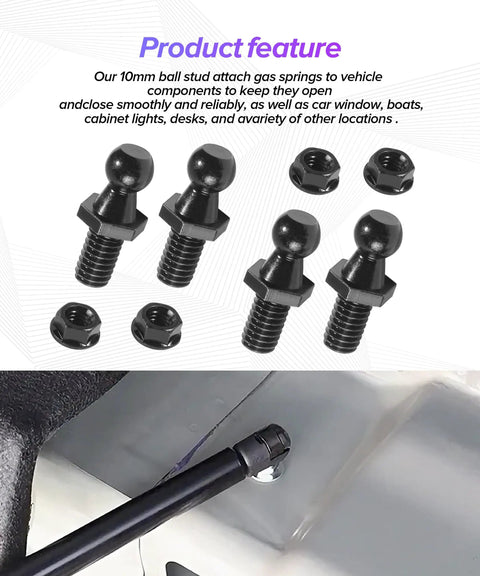 4 Piece Gas Strut Ball Stud Kit With 10 mm Ball Studs And Hardware Nuts For Hoods And Trunks, Easy Auto Replacement Shock Mounting Kit For Sedans SUVs MPVs Black, carbon steel studs and nuts