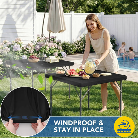 Elastic Spandex Square Fitted Table Cover 34x34 Inch Two Pack Black Wrinkle Resistant Stain Resistant Durable Polyester Blend No Fuss Easy Fit For Card Folding Tables Great For Kitchen Dining Picnic Patio And Outdoor Parties installed on outdoor table