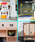 Collage of a gas station, parking area, numbered shelves, and back of a delivery truck in an outdoor setting.
