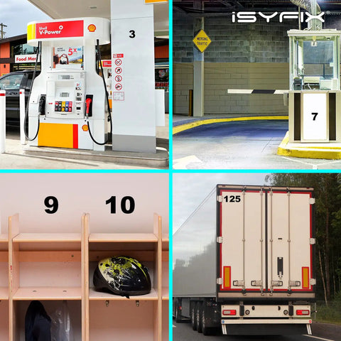 Collage of a gas station, parking area, numbered shelves, and back of a delivery truck in an outdoor setting.